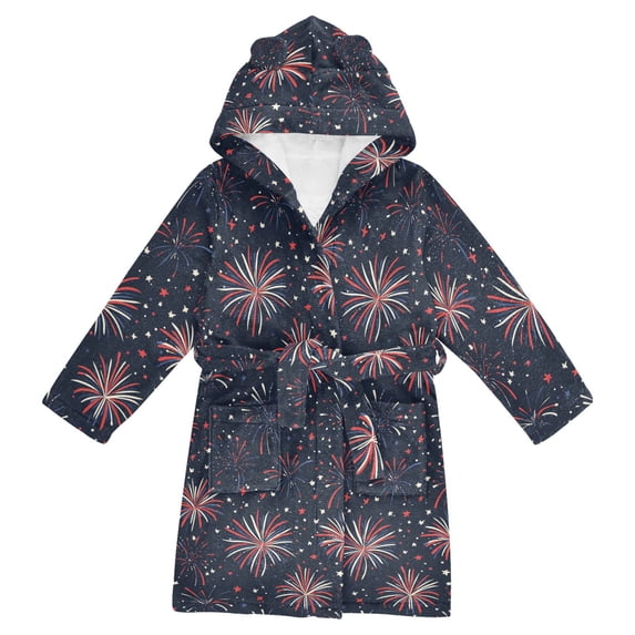 FORMRS Niños Bathrobe Unisex Hooded Robe Soft Plush Pajamas Sleepwear, Size 7-9T, Red and White Fireworks Pattern