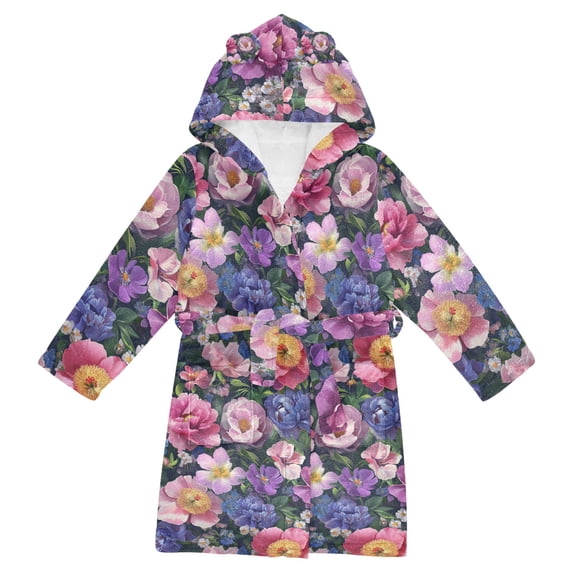 FORMRS Niños Bathrobe Unisex Hooded Robe Soft Plush Pajamas Sleepwear, Size 7-9T, Soft Pinks Flowers