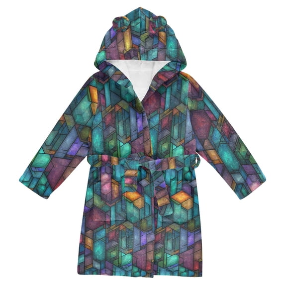 FORMRS Niños Bathrobe Unisex Hooded Robe Soft Plush Pajamas Sleepwear, Size 7-9T, Stained Glass Pattern