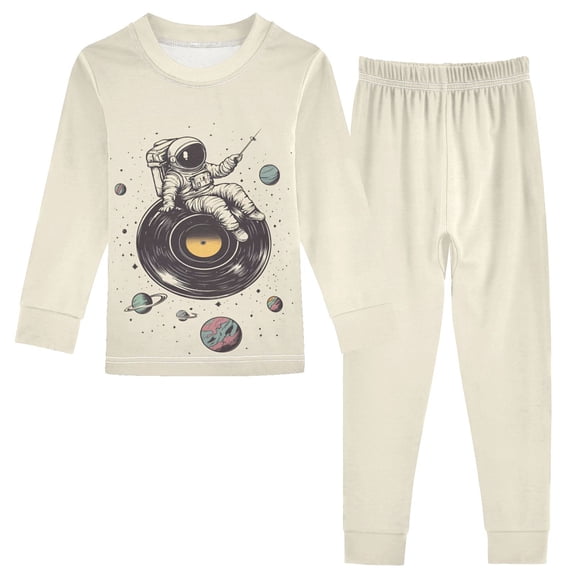 FORMRS Long Sleeve Top and Pants Pajama Set for Niños 2-Piece Sleepwear, Sizes 18M-8Y, Beige Astronaut Planet