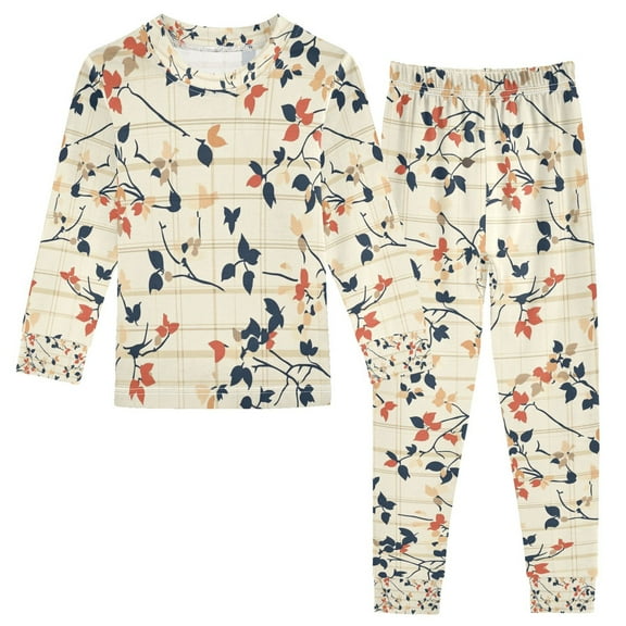 FORMRS Toddler Unisex Long Sleeve Top and Pants Pajama Set 2-Piece Sleepwear, Sizes 18M-8Y, Beige Leaves Plaid