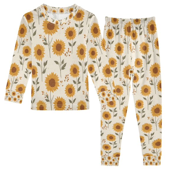FORMRS Toddler Unisex Long Sleeve Top and Pants Pajama Set 2-Piece Sleepwear, Sizes 18M-8Y, Beige Sunflower Pattern