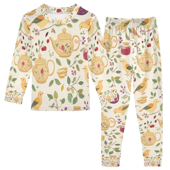 FORMRS Toddler Unisex Long Sleeve Top and Pants Pajama Set 2-Piece Sleepwear, Sizes 18M-8Y, Birds Tea Time