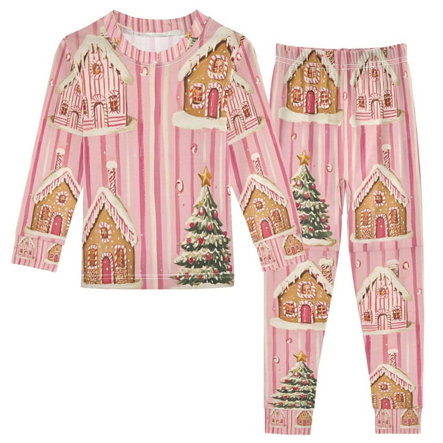 FORMRS Long Sleeve Top and Pants Pajama Set for Niños 2-Piece Sleepwear, Sizes 18M-8Y, Gingerbread Houses