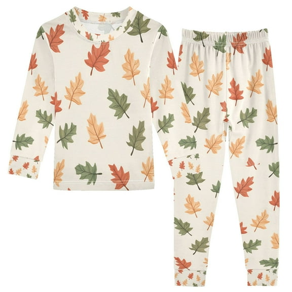 FORMRS Long Sleeve Top and Pants Pajama Set for Niños 2-Piece Sleepwear, Sizes 18M-8Y, Green Autumn Leaves