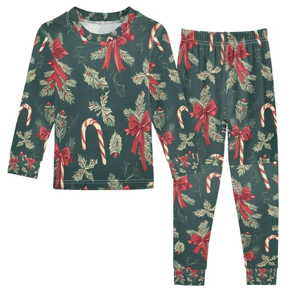 FORMRS Long Sleeve Top and Pants Pajama Set for Niños 2-Piece Sleepwear, Sizes 18M-8Y, Green Christmas Candy Canes