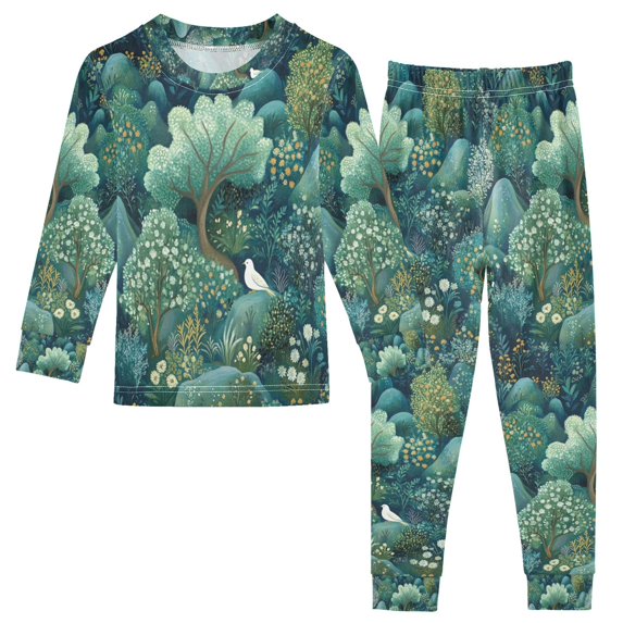 FORMRS Kids Pajama Set Cotton Long Sleeve Top and Pants 2-Piece Lounge Sleepwear, Sizes 18M-8Y, Green Forest Pattern