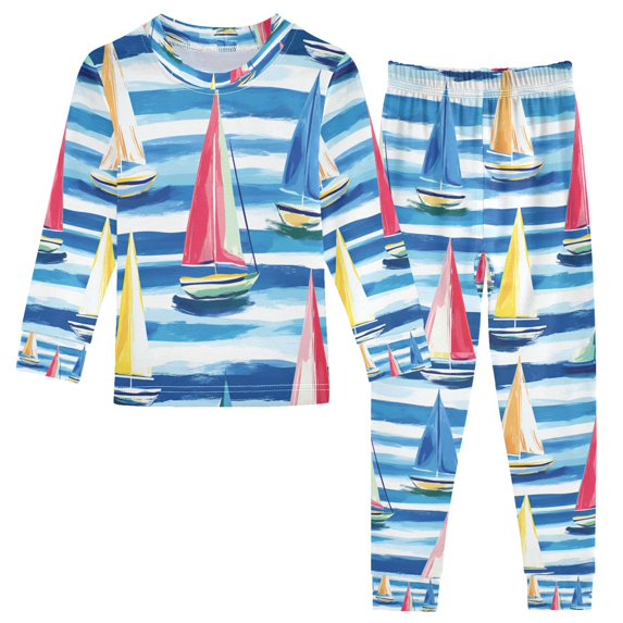 FORMRS Long Sleeve Top and Pants Pajama Set for Niños 2-Piece Sleepwear, Sizes 18M-8Y, Green Sailboats