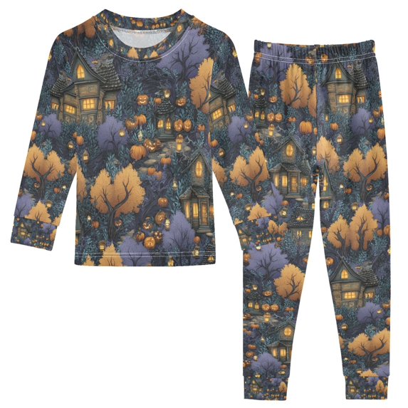 FORMRS Toddler Unisex Long Sleeve Top and Pants Pajama Set 2-Piece Sleepwear, Sizes 18M-8Y, Halloween Houses Pattern