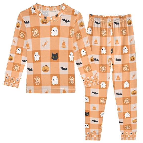 FORMRS Toddler Unisex Long Sleeve Top and Pants Pajama Set 2-Piece Sleepwear, Sizes 18M-8Y, Orange Ghost Plaid Pattern