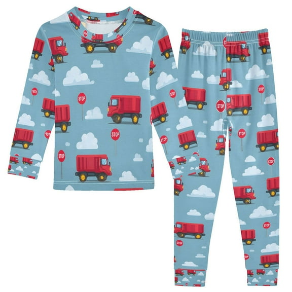 FORMRS Long Sleeve Top and Pants Pajama Set for Niños 2-Piece Sleepwear, Sizes 18M-8Y, Red Cartoon Truck Pattern