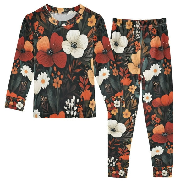 FORMRS Long Sleeve Top and Pants Pajama Set for Niños 2-Piece Sleepwear, Sizes 18M-8Y, Red Flowers Pattern