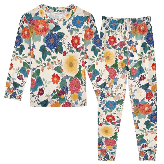 FORMRS Long Sleeve Top and Pants Pajama Set for Niños 2-Piece Sleepwear, Sizes 18M-8Y, Red Japanese Floral Pattern