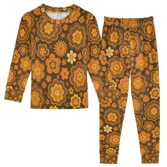 FORMRS Toddler Unisex Long Sleeve Top and Pants Pajama Set 2-Piece Sleepwear, Sizes 18M-8Y, Retro Orange Flowers