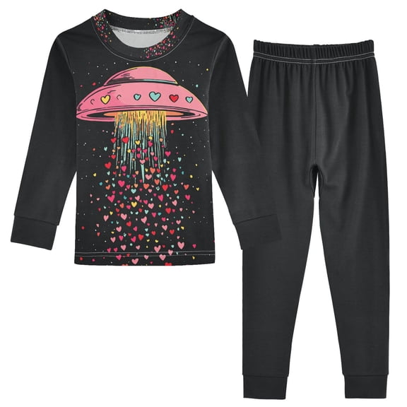 FORMRS Toddler Unisex Long Sleeve Top and Pants Pajama Set 2-Piece Sleepwear, Sizes 18M-8Y, UFO with Hearts Pattern