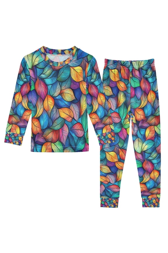 Long Sleeve Top and Pants Pajama Set for Niños 2-Piece Sleepwear, Sizes 18M-8Y, Vibrant Art Leaves Pattern