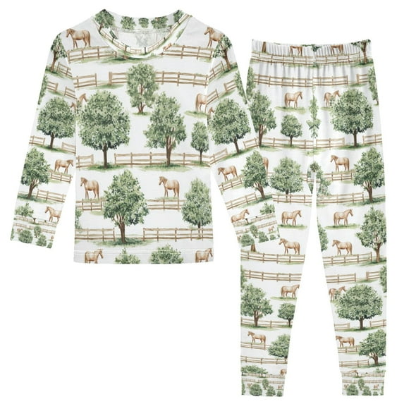 FORMRS Long Sleeve Top and Pants Pajama Set for Niños 2-Piece Sleepwear, Sizes 18M-8Y, Watercolor Horses Pattern