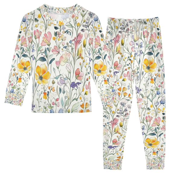 FORMRS Toddler Unisex Long Sleeve Top and Pants Pajama Set 2-Piece Sleepwear, Sizes 18M-8Y, Watercolor Wildflowers