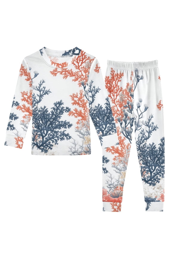 Long Sleeve Top and Pants Pajama Set for Niños 2-Piece Sleepwear, Sizes 18M-8Y, White Sea Plants