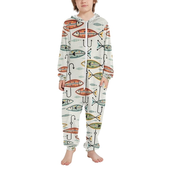 FORMRS Kids One-Piece Pajamas Hooded Long Sleeve Union Suit Soft Onesie Sleepwear, Sizes 4T-14Y, Abstract Fish Pattern