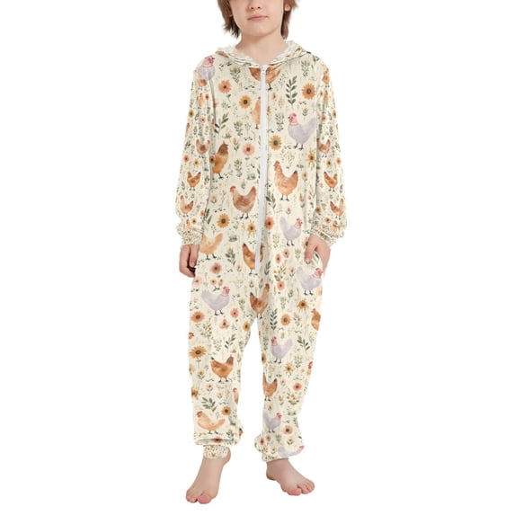 FORMRS Kids One-Piece Pajamas Hooded Long Sleeve Union Suit Soft Onesie Sleepwear, Sizes 4T-14Y, Beige Chickens Pattern