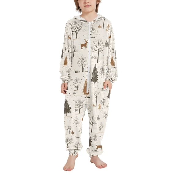 FORMRS Kids One-Piece Pajamas Hooded Long Sleeve Union Suit Soft Onesie Sleepwear, Sizes 4T-14Y, Beige Christmas Forest