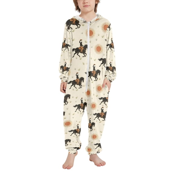 FORMRS Kids One-Piece Pajamas Hooded Long Sleeve Union Suit Soft Onesie Sleepwear, Sizes 4T-14Y, Beige Horses Field Pattern