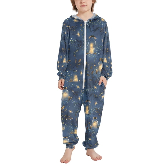 FORMRS Kids One-Piece Pajamas Hooded Long Sleeve Union Suit Soft Onesie Sleepwear, Sizes 4T-14Y, Blue Firefly Pattern