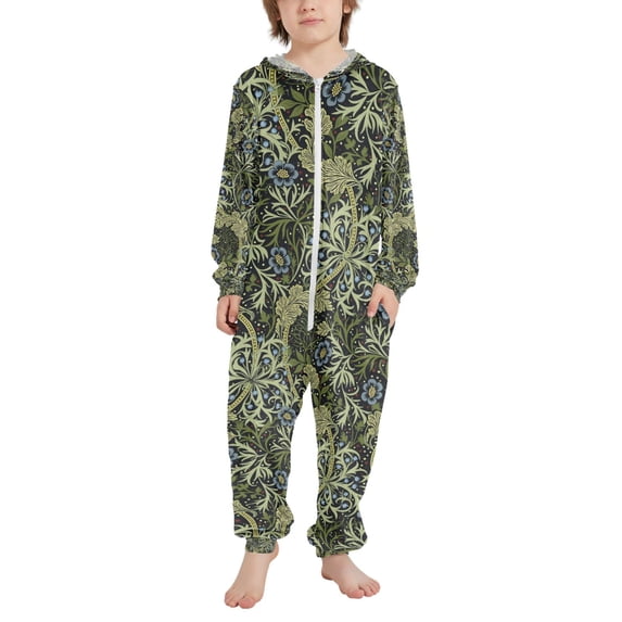 FORMRS Kids One-Piece Pajamas Hooded Long Sleeve Union Suit Soft Onesie Sleepwear, Sizes 4T-14Y, Blue Green Floral Pattern