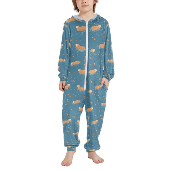 FORMRS Kids One-Piece Pajamas Hooded Long Sleeve Union Suit Soft Onesie Sleepwear, Sizes 4T-14Y, Capybaras Swimming