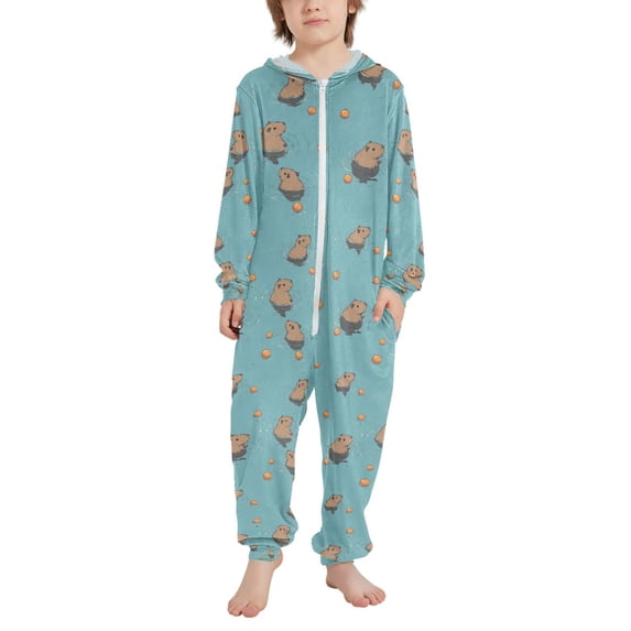 FORMRS Kids One-Piece Pajamas Hooded Long Sleeve Union Suit Soft Onesie Sleepwear, Sizes 4T-14Y, Cartoon Capybaras