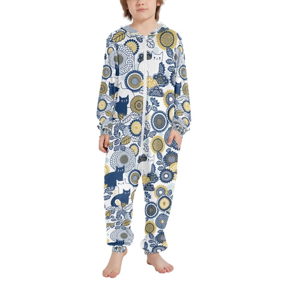 FORMRS Kids One-Piece Pajamas Hooded Long Sleeve Union Suit Soft Onesie Sleepwear, Sizes 4T-14Y, Cartoon Floral Cat Pattern