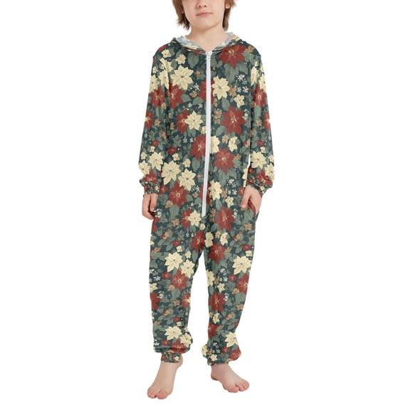 FORMRS Kids One-Piece Pajamas Hooded Long Sleeve Union Suit Soft Onesie Sleepwear, Sizes 4T-14Y, Christmas Blooms