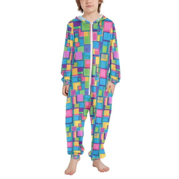 FORMRS Kids One-Piece Pajamas Hooded Long Sleeve Union Suit Soft Onesie Sleepwear, Sizes 4T-14Y, Colorful Geometric Pattern