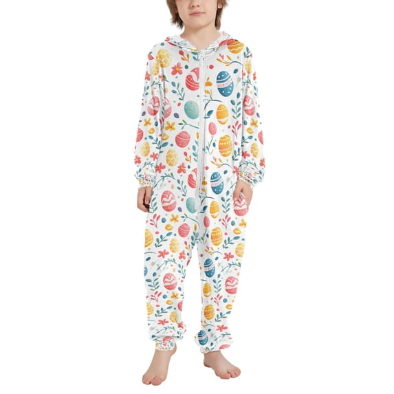 FORMRS Kids One-Piece Pajamas Hooded Long Sleeve Union Suit Soft Onesie Sleepwear, Sizes 4T-14Y, Cute Easter Eggs