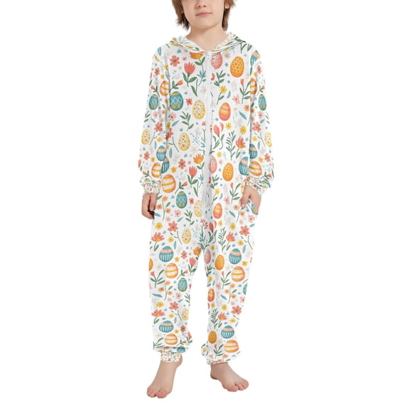FORMRS Kids One-Piece Pajamas Hooded Long Sleeve Union Suit Soft Onesie Sleepwear, Sizes 4T-14Y, Floral Easter Eggs
