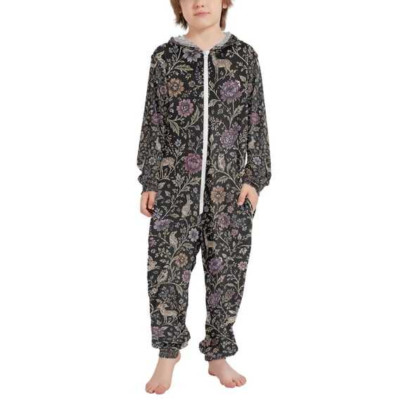 FORMRS Kids One-Piece Pajamas Hooded Long Sleeve Union Suit Soft Onesie Sleepwear, Sizes 4T-14Y, Floral Forest Pattern