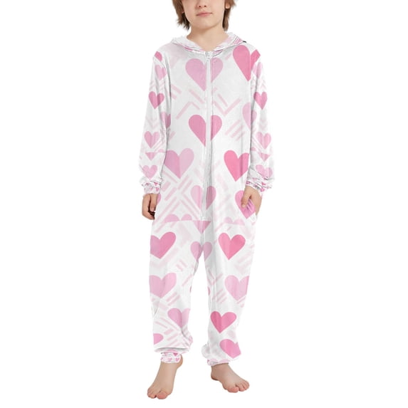 FORMRS Kids One-Piece Pajamas Hooded Long Sleeve Union Suit Soft Onesie Sleepwear, Sizes 4T-14Y, Geometric Love