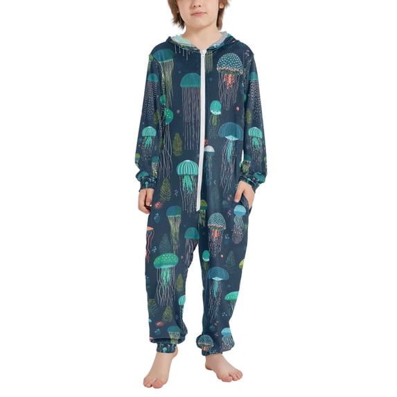 FORMRS Kids One-Piece Pajamas Hooded Long Sleeve Union Suit Soft Onesie Sleepwear, Sizes 4T-14Y, Green Jellyfish Pattern