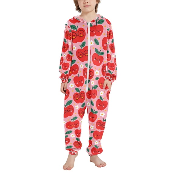 FORMRS Kids One-Piece Pajamas Hooded Long Sleeve Union Suit Soft Onesie Sleepwear, Sizes 4T-14Y, Pink Cartoon Apples Pattern