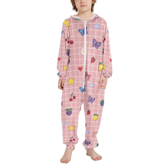 FORMRS Kids One-Piece Pajamas Hooded Long Sleeve Union Suit Soft Onesie Sleepwear, Sizes 4T-14Y, Pink Plaid Fruit Pattern