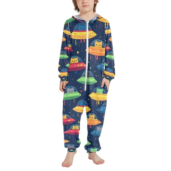 FORMRS Kids One-Piece Pajamas Hooded Long Sleeve Union Suit Soft Onesie Sleepwear, Sizes 4T-14Y, Rainbow Space Cat