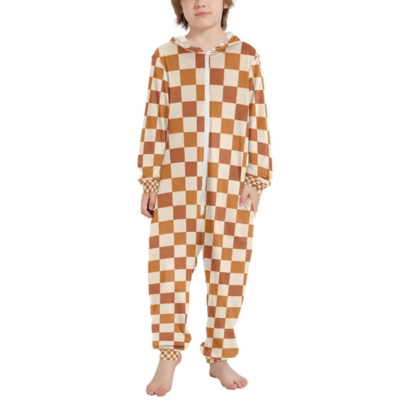 FORMRS Kids One-Piece Pajamas Hooded Long Sleeve Union Suit Soft Onesie Sleepwear, Sizes 4T-14Y, Rusty Orange Plaid