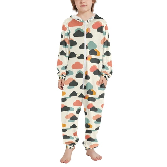 FORMRS Kids One-Piece Pajamas Hooded Long Sleeve Union Suit Soft Onesie Sleepwear, Sizes 4T-14Y, Simple Clouds