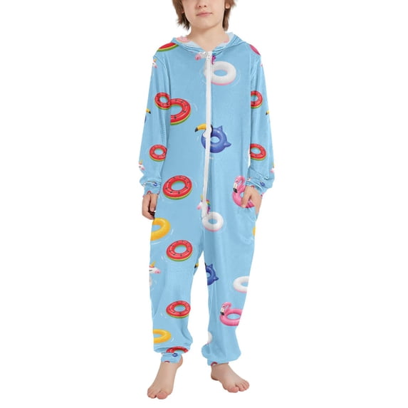 FORMRS Kids One-Piece Pajamas Hooded Long Sleeve Union Suit Soft Onesie Sleepwear, Sizes 4T-14Y, Summer Pool Pattern