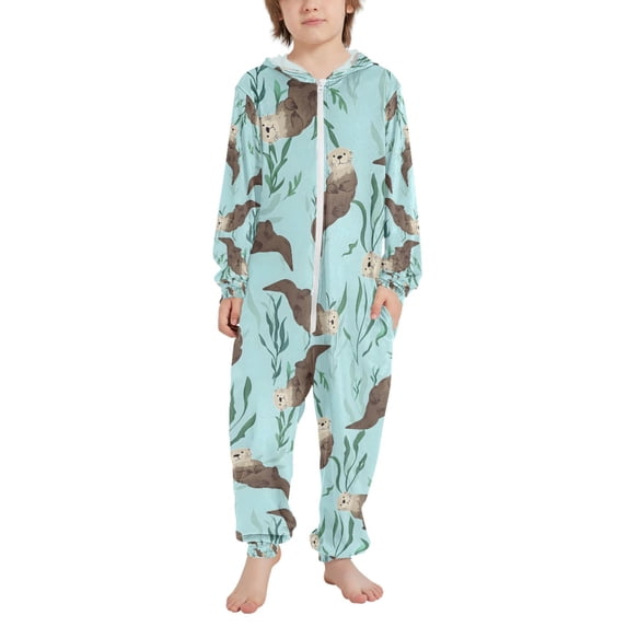 FORMRS Kids One-Piece Pajamas Hooded Long Sleeve Union Suit Soft Onesie Sleepwear, Sizes 4T-14Y, Swimming Otters Pattern