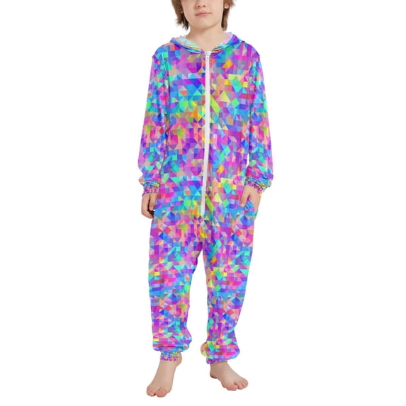 FORMRS Kids One-Piece Pajamas Hooded Long Sleeve Union Suit Soft Onesie Sleepwear, Sizes 4T-14Y, Vibrant Geometric Pattern