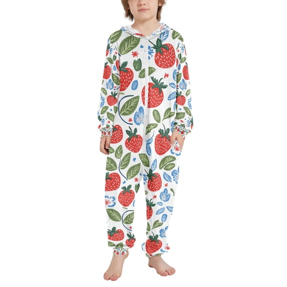 FORMRS Kids One-Piece Pajamas Hooded Long Sleeve Union Suit Soft Onesie Sleepwear, Sizes 4T-14Y, Vibrant Strawberries
