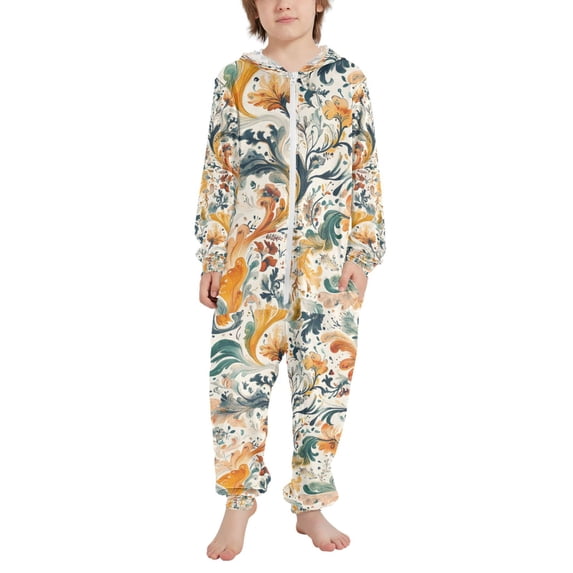 FORMRS Kids One-Piece Pajamas Hooded Long Sleeve Union Suit Soft Onesie Sleepwear, Sizes 4T-14Y, Whimsical Leaves