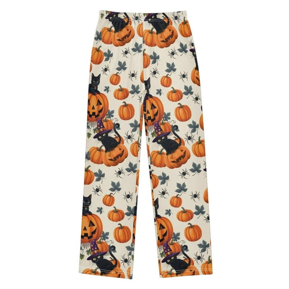 FORMRS Kids Pajama Pants with Pockets Size 11-12Y Boys Lounge Sleep Bottoms, Beige Halloween Cat Pattern